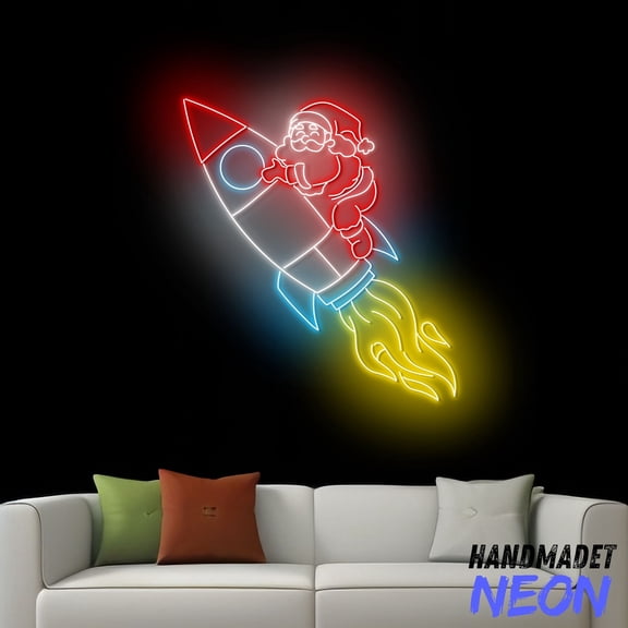 Handmadetneonsign Santa Flying Rocket Neon Sign, Space Santa Led Sign, Spaceship Wall Art, Christmas Home Decor 75526