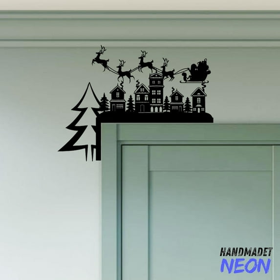 Handmadetneonsign Santa Sleigh Reindeer Door Corner Sign, Christmas Metal Door Topper, Christmas Tree Door Corner Decor 83464