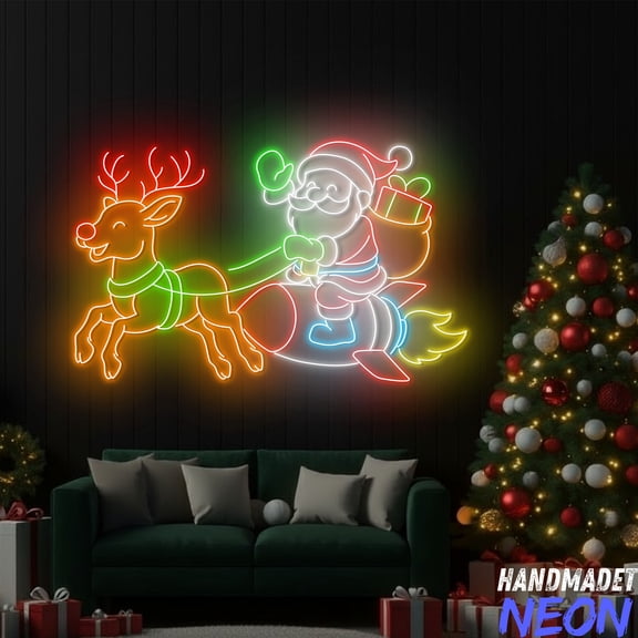 Handmadetneonsign Santa with Rocket Neon Sign, Reindeer Neon Sign, Christmas Home Decor