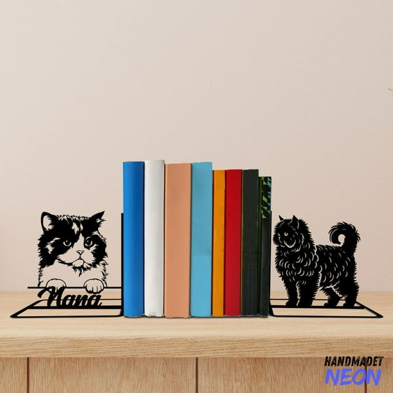 Handmadetneonsign Selkirk Rex Cat Metal Bookends, Cat Name Bookend, Cat Table Bookshelf Decor 045336