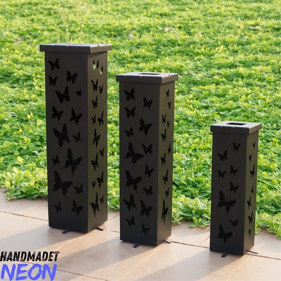 Handmadetneonsign Set of 3 Butterfly Metal Garden Column, Outdoor Decor, Garden Sculpture 136598