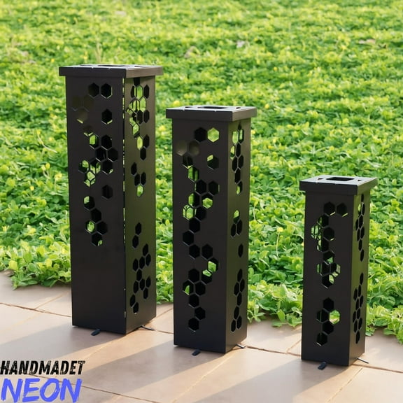 Handmadetneonsign Set of 3 Honeycomb Metal Garden Column, Outdoor Decor, Garden Sculpture 136606