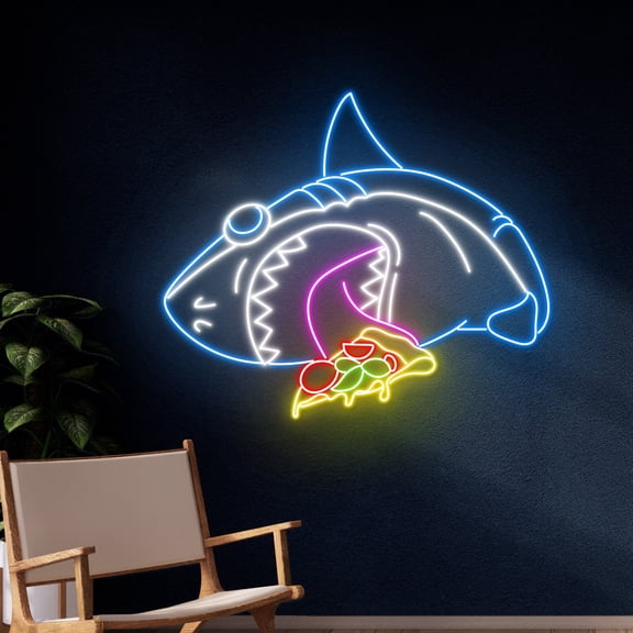 Handmadetneonsign Shark Eating Pizza Neon Sign, Pizza Shark Neon Light, Pizza Shark Led Light