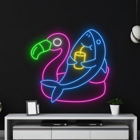 Handmadetneonsign Shark Flamingo Pool Float Neon Sign, Flamingo Wall Art Decor, Swimming Pool Wall Decor
