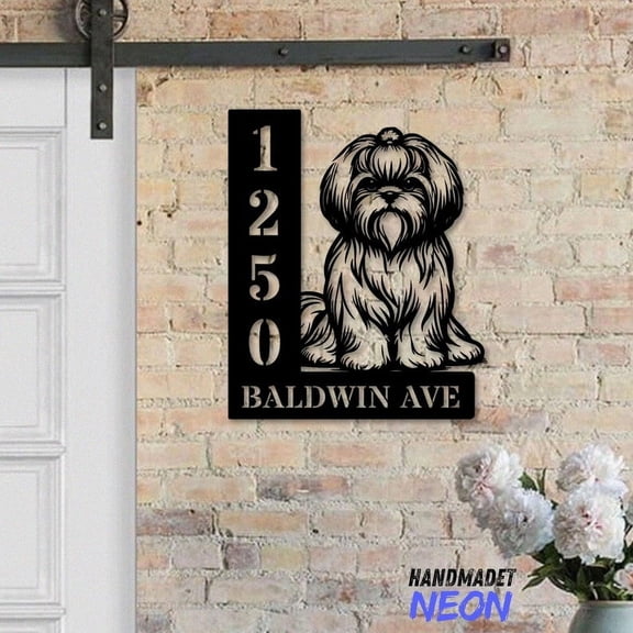 Handmadetneonsign Shih Tzu Dog House Number Metal, Shih Tzu Dog Home Number Metal Sign, Pet Outdoor Address Wall Decor 80670