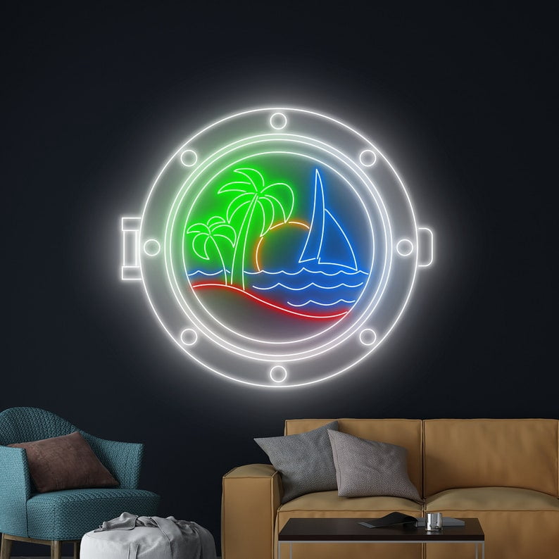 Manimo Ocean World Porthole Neon Light – LED Under Sea Wall Decor, USB Night Light For Bedroom, Game Room, Party & Gifts (13.3 X 13.3 Inches)