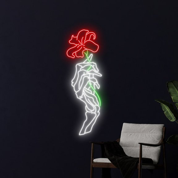 Handmadetneonsign Skeleton Hand Hold Flower Neon Sign, Flower LED Light, Flower Skeleton Hand