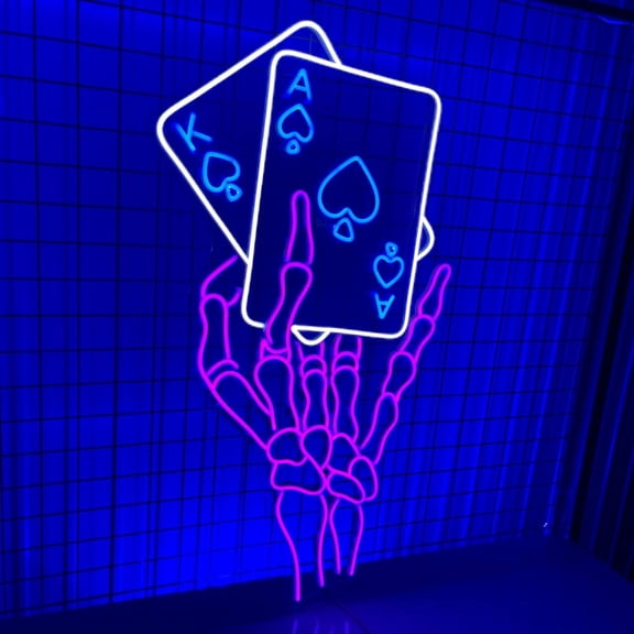 Handmadetneonsign Skeleton Holding Poker Cards Neon Sign, Skull Wall Art Decor, Home Bar Pub Wall Decor
