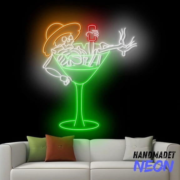 Handmadetneonsign Skeleton In A Martini Neon Sign, Skeleton Led Sign, Cocktail Neon Light, Wall Art 92774
