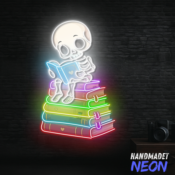 Handmadetneonsign Skeleton Reading Neon Sign For Librabry Wall Decor, Skull Led Light