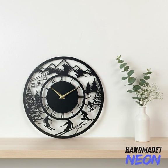 Handmadetneonsign Skier Metal Wall Clock Sign, Skiing Metal Sign, Ski Lover Gift