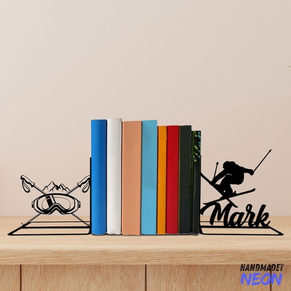 Handmadetneonsign Skiing Man Metal Bookends, Skiing Man Name Bookend, Skiing Table Bookshelf Decor 045021