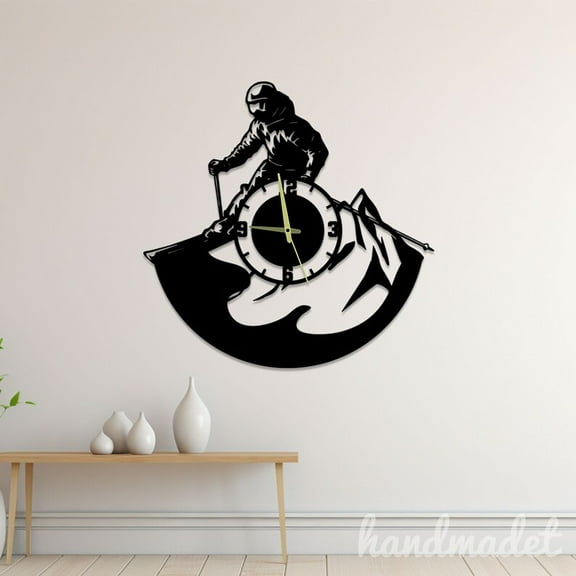 Handmadetneonsign Skiing Wall Clock Unique, Skiing Round Wall Clock, Text Oversize Wall Clock 60431