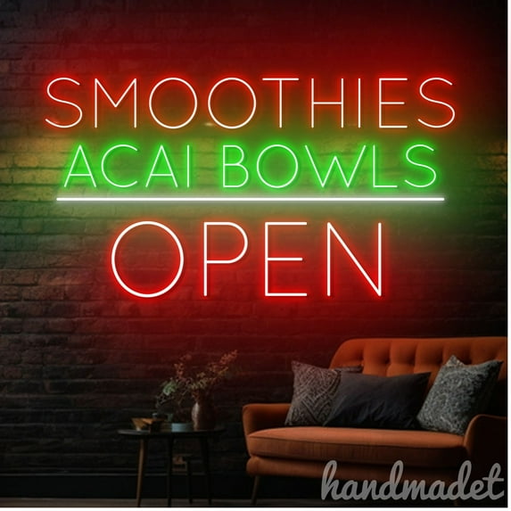 Handmadetneonsign Smoothies Acai Bowls Open Neon Sign, Smoothies Bowl Wall Art Decor, Fruit Food Wall Decor 51862