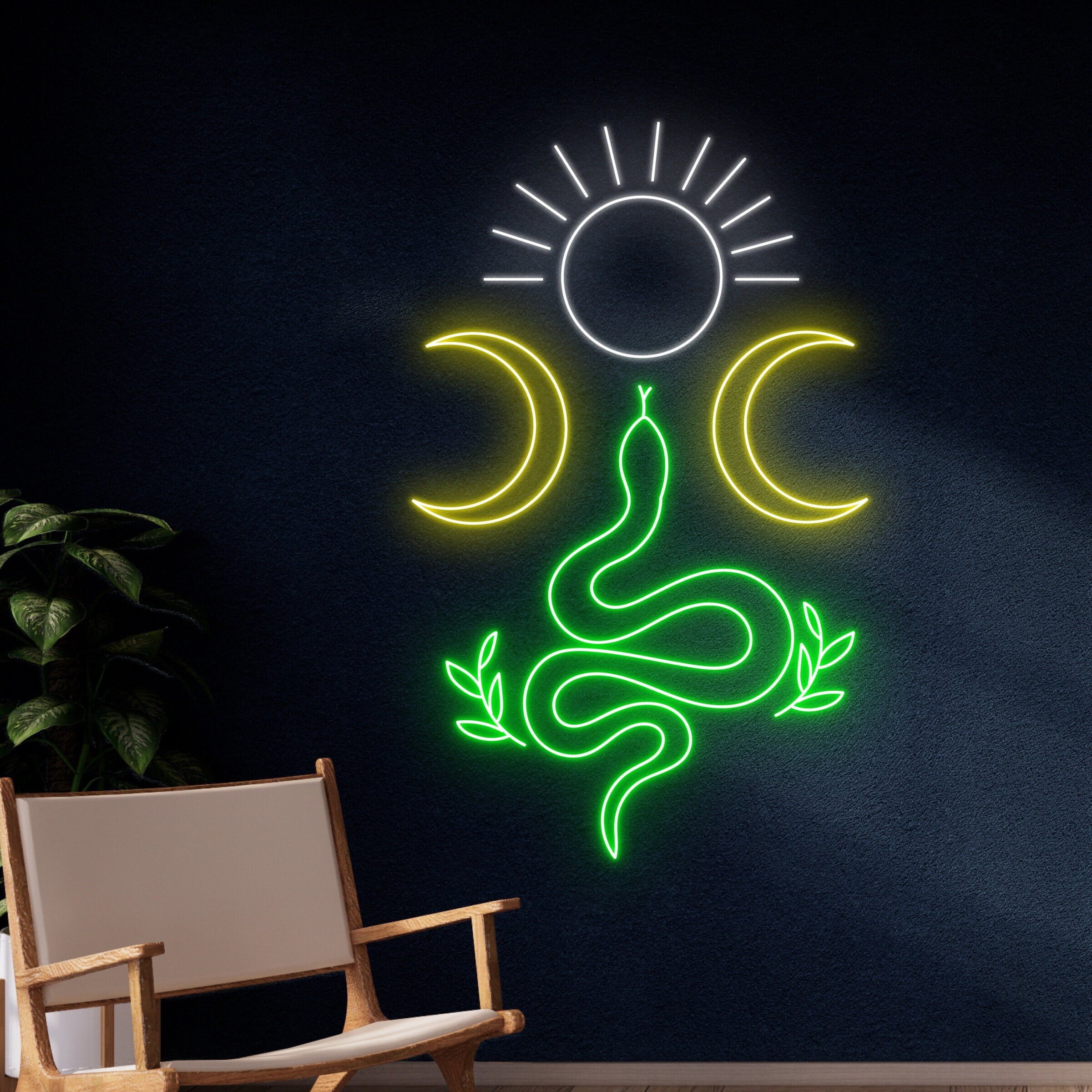 Handmadetneonsign Snake Moon Sun Neon Light, Sun Moon Snake Led Sign