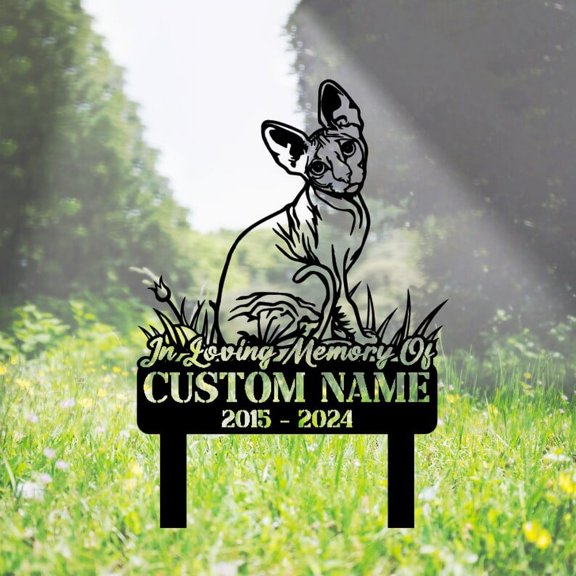 Handmadetneonsign Sphynx Cat Memorial Metal With Stake, Sphynx Cat Metal Name Sign Stake, Cat Pet Metal Stake Decor