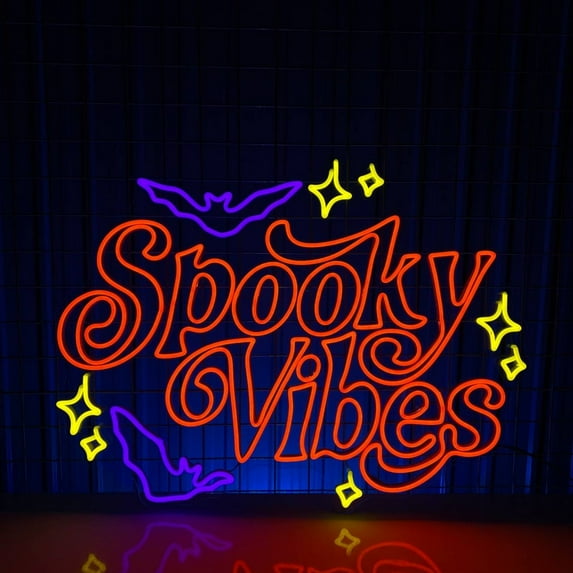 Handmadetneonsign Spooky Vibes Neon Sign, Bat Halloween Quote Wall Art Decor, Home Bar Pub Wall Decor