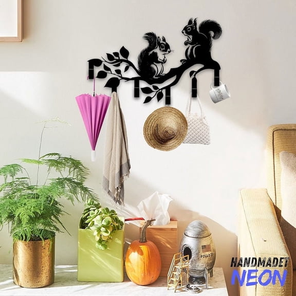 Handmadetneonsign Squirrel Coat Rack Wall Hanger, Squirrel Metal Wall Hooks, Squirrel Keys Holder Home Decor 74750