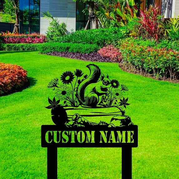 Handmadetneonsign Squirrel Metal With Stake, Squirrel Metal Name Sign Stake, Animal Metal Stake Decor