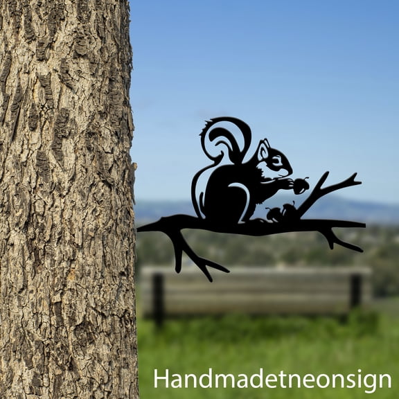 Handmadetneonsign Squirrel On Branch Metal Tree Stake, Squirrel Garden Tree Stake, Squirrel Metal Tree 68609