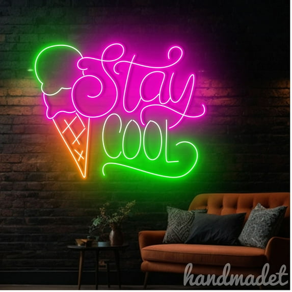 Handmadetneonsign Stay Cool Neon Sign, Ice Cream Shop Store Wall Art Decor, Ice Cream Cone Wall Decor 51872