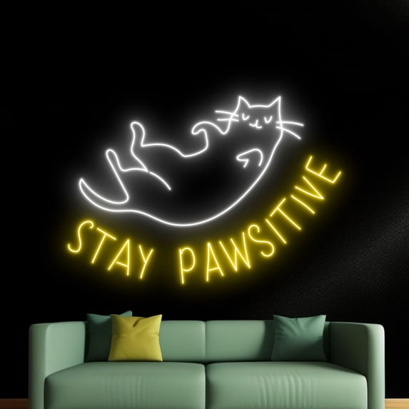 Handmadetneonsign Stay Pawsitive Cat Neon Sign, Pet Spa Wall Art Decor, Cat Service Pet Grooming Wall Decor
