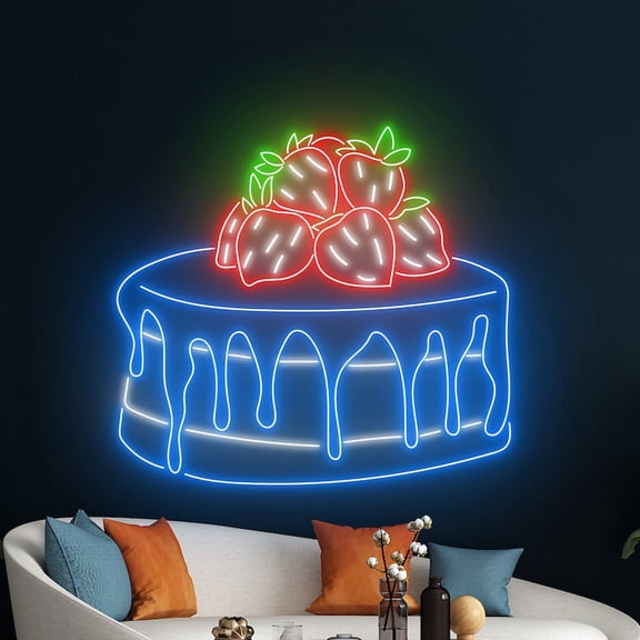 Handmadetneonsign Strawberry Cake Neon Sign, Fruit Cake LED Sign, Cake Neon Light, Baking Kitchen