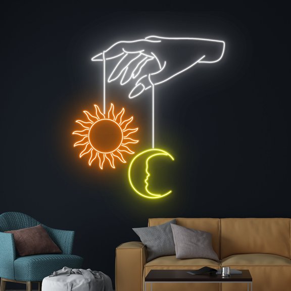 Handmadetneonsign Sun Moon Hand Neon Light, Sun Moon Girl Hand Led Light, Lady Nail Moon Sun Neon