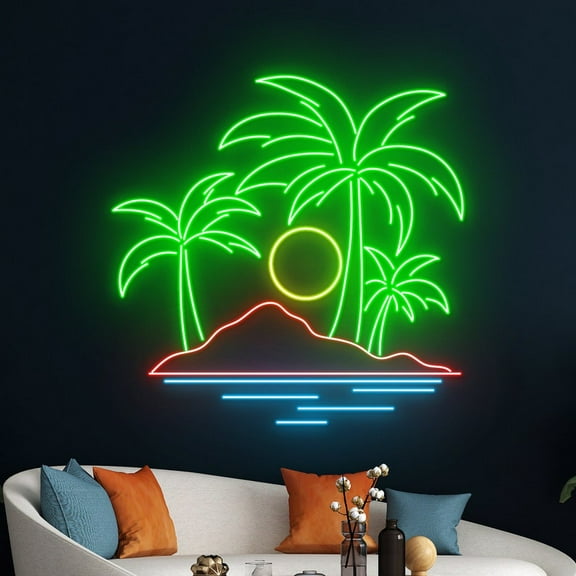 Handmadetneonsign Sun Ocean Waves Palm Tree Neon Sign, Beach Mountain Led Sign, Holiday Led Light
