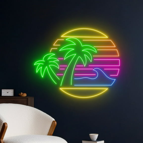 Handmadetneonsign Sun Ocean Waves Palm Tree Neon Sign, Beach Tropical Led Sign, Holiday Led Light