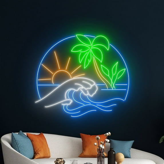 Handmadetneonsign Sun Ocean Waves Palm Tree Neon Sign, Tropical Beach Led Sign, Holiday Led Light