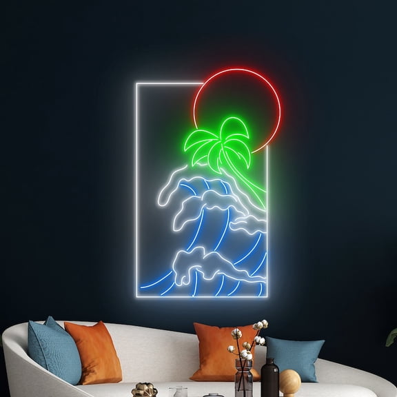 Handmadetneonsign Sun Wave Palm Tree Wall Art, Sunrise Sunset Wall Decor, Beach Wind Sea Wall Decor 20''/50cm