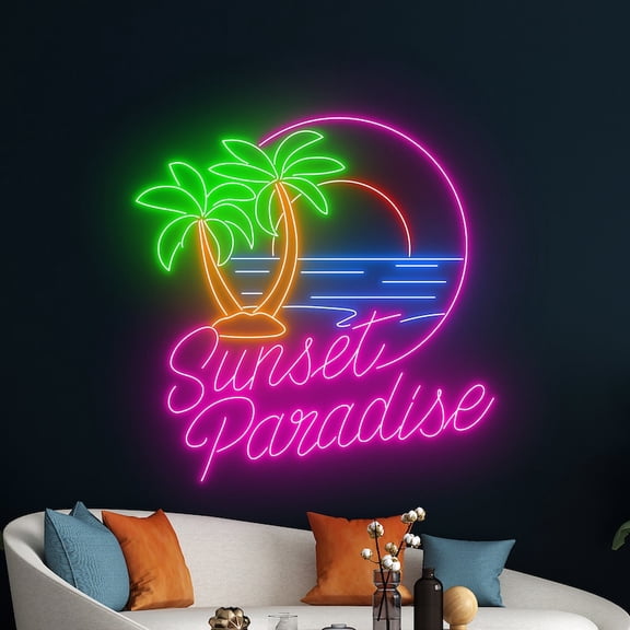 Handmadetneonsign Sunset Paradise Ocean Palm Tree Wall Art, Beach Wall Decor, Tropical Wall Decor