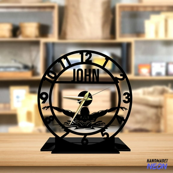 Handmadetneonsign Swimming Tabletop Metal Clock, Swim Sport Office Desktop Clock, Swimmer Clock Home Decor 75830