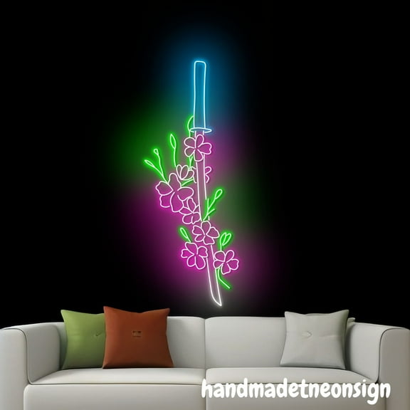 Handmadetneonsign Sword And Cherry Blossoms Neon Sign, Blossoms Led Light, Home Bedroom Wall Art Decor 72787