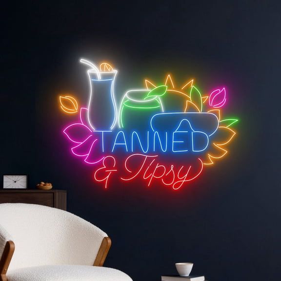 Handmadetneonsign Tanned And Tipsy Neon Sign, Cocktail Wall Art Decor, Bar Club Wall Decor