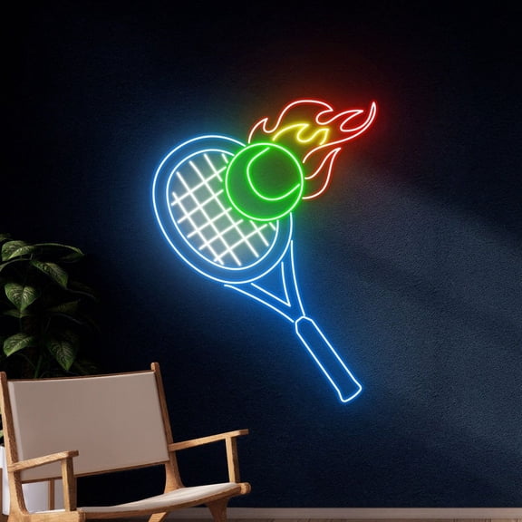 Handmadetneonsign Tennis Fire Ball Racket Neon Sign, Tennis Burning Ball Tennis Player Led Light, Wall Décor