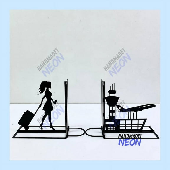 Handmadetneonsign Travel Metal Bookends, Airplane Table Bookshelf Decor, Bookshelf Home Decor 91976