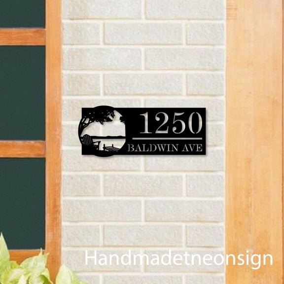 Handmadetneonsign Tree Dock On Lake House Number, Lakeview Home Address Metal, House Address Sign 67632