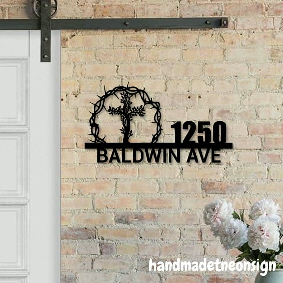 Handmadetneonsign Tree In Cross House Number, Tree Home Address Metal, Custom House Address Sign 70208