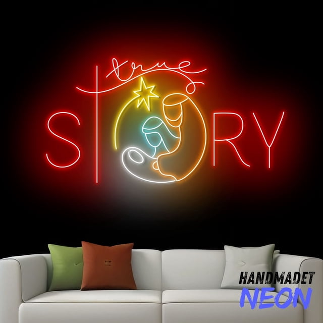 Led Sign Scene Handmadetneonsign True Story Neon Sign, Nativity Scene Led Sign, Jesus ...