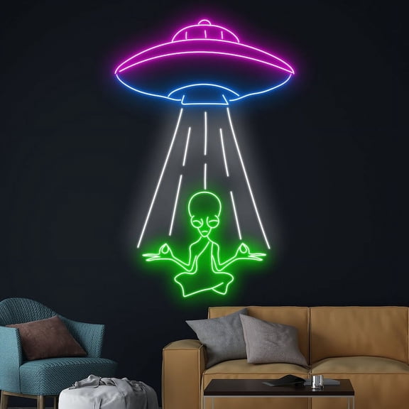 Handmadetneonsign UFO Abduction Alien Neon Sign, UFO Alien Led Sign, Alien Cow UFO Neon Light