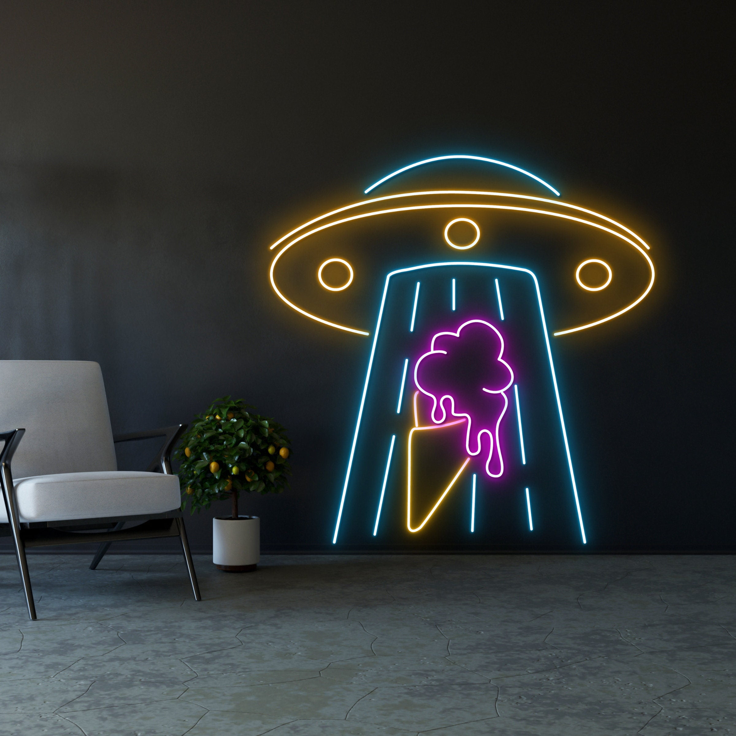 Handmadetneonsign UFO Abduction Ice Cream Led Sign, UFO Ice Cream Neon
