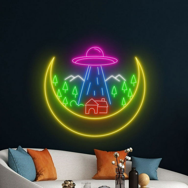 Handmadetneonsign UFO Moon Neon Sign, UFO Neon Led Light Art