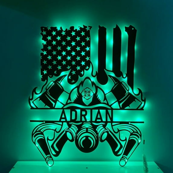 Handmadetneonsign US Flag Firefighter Metal Wall Art Light, Firefighter Metal Sign Wall Decor, Firefighter Home Metal Decor