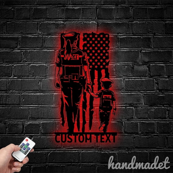 Handmadetneonsign US Police Mom And Son Metal Wall Art Light, Police Metal Sign Wall Decor, Police Metal Decor
