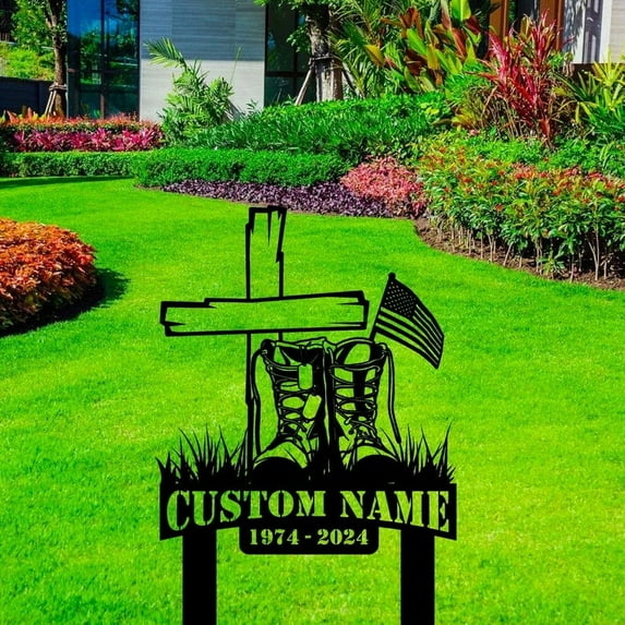 Handmadetneonsign USA Veteran Metal With Stake, Soldier Metal Name Sign Stake, Soldier Metal Stake Decor