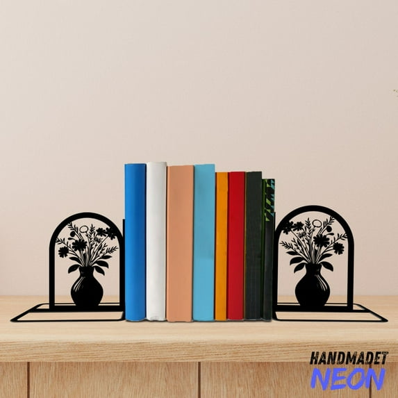 Handmadetneonsign Vase Metal Bookends, Vase Flower Name Bookend, Flower Table Bookshelf Decor 042487