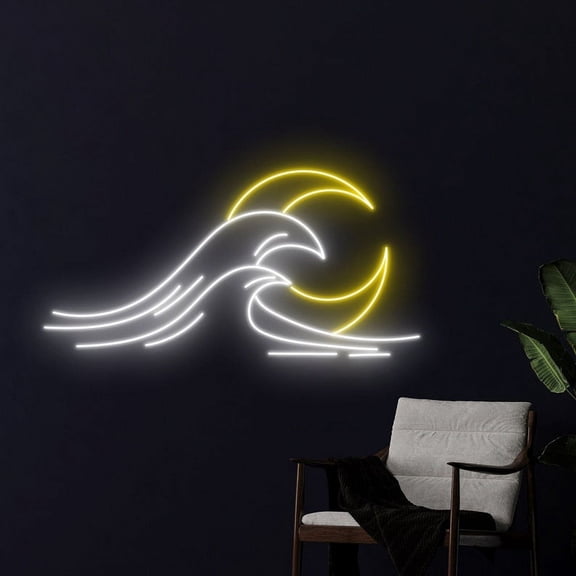 Handmadetneonsign Wave Moon Neon Sign, Wave Moon Led Neon Art Decor, Bar Pub Home Wall Decor