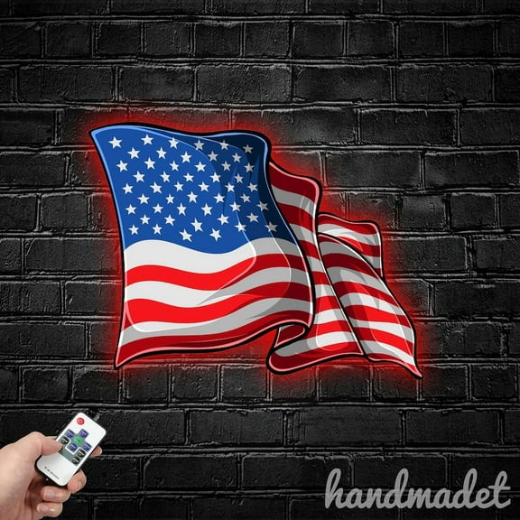 Handmadetneonsign Wavy Flag Metal Wall Art Light, USA Flag Metal Sign Wall Decor, American Flag Metal Decor